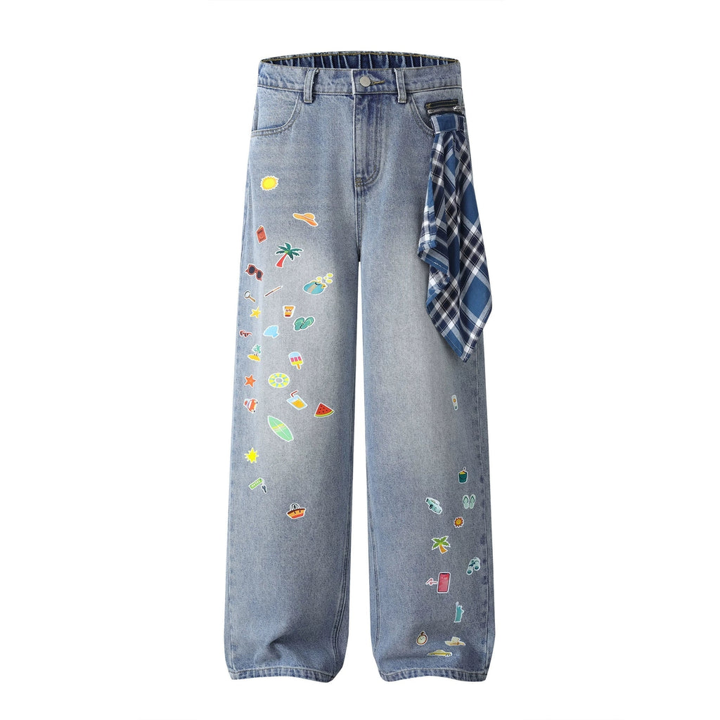 Fashion workwear jeans high street embroidery loose wide pants