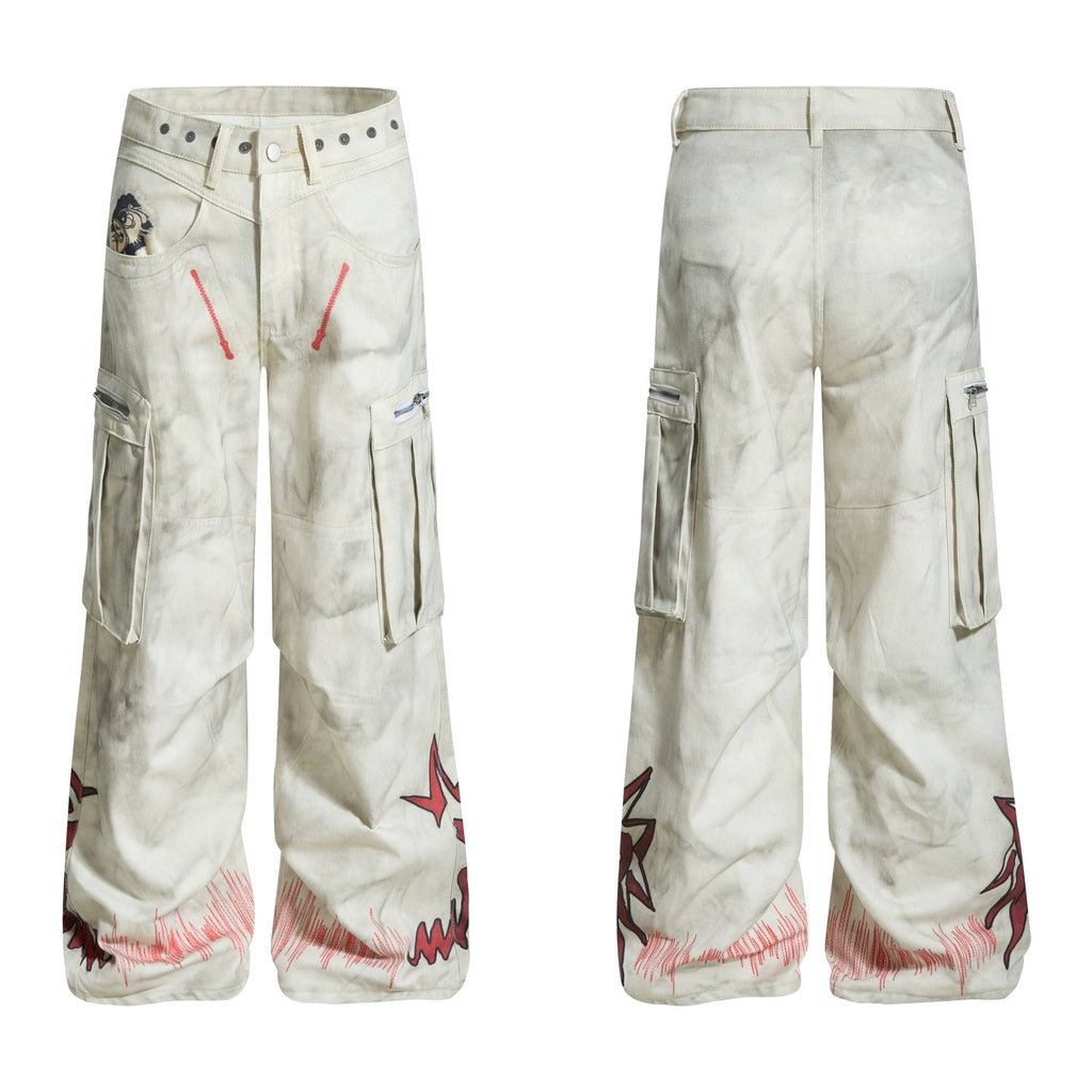 Fashion workwear jeans high street embroidery loose wide pants