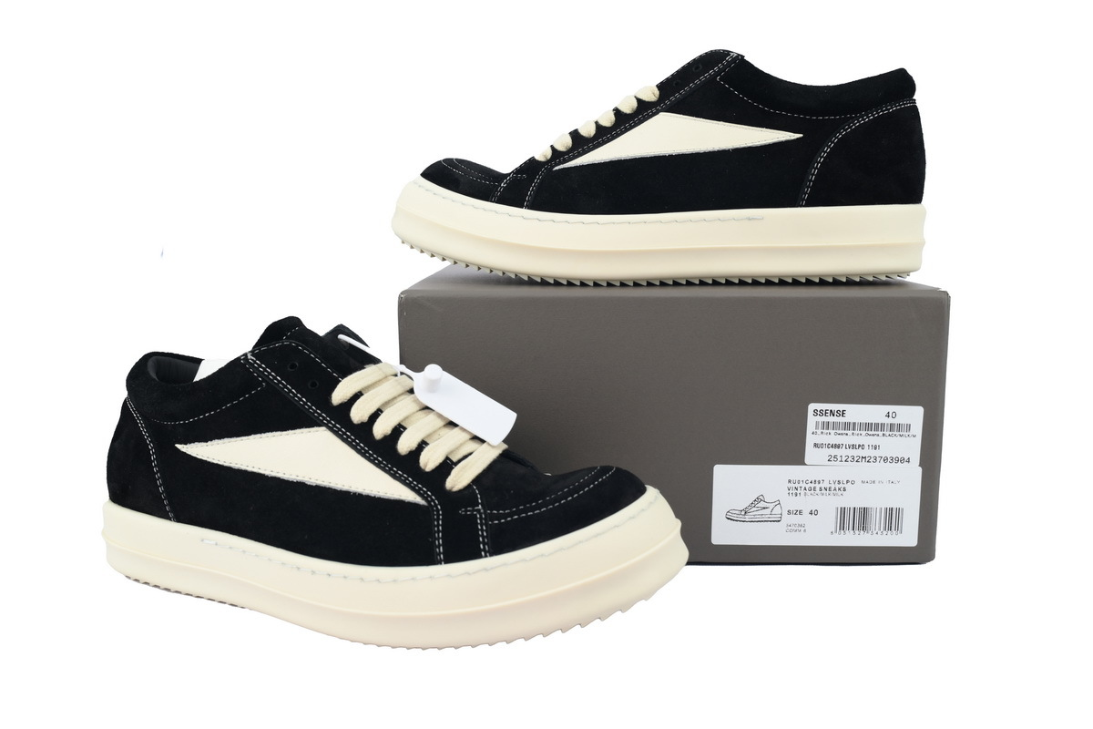 Rick Owens Suede Vintage Low-Top Sneakers – Black, Milk & White